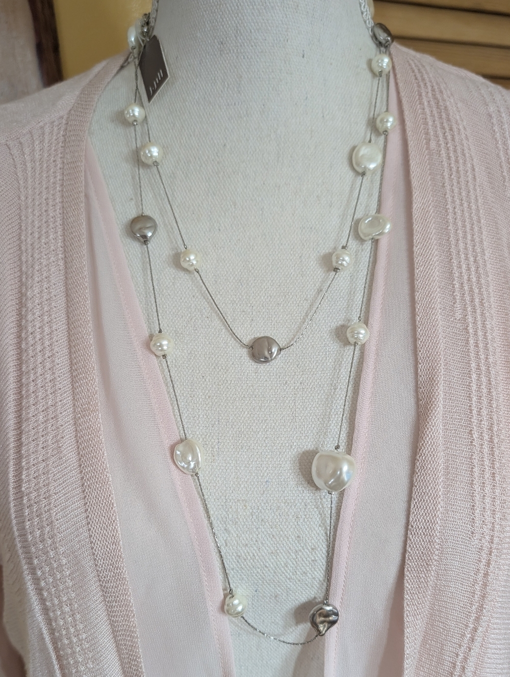 J. Jill Long Strand Faux Pearl Necklace in White and Silver Accents NWT $49